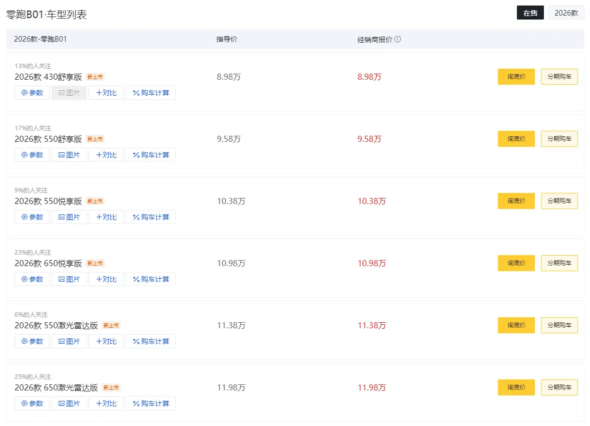 零跑B01购车指南,起售价8.98万元,但入门版不推荐!